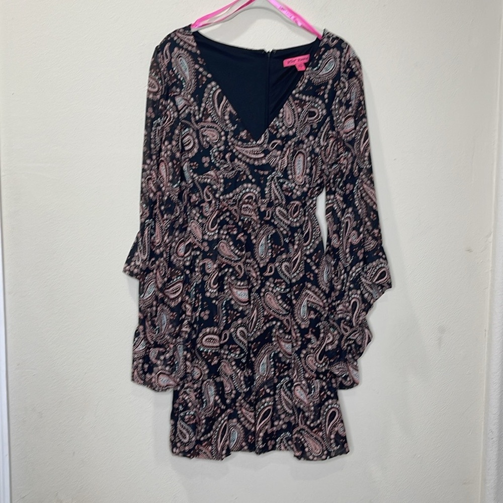 Betsey Johnson A Line Dress Floral Ruffle Long Kimono Ruffle Bell Sleeve Size 6